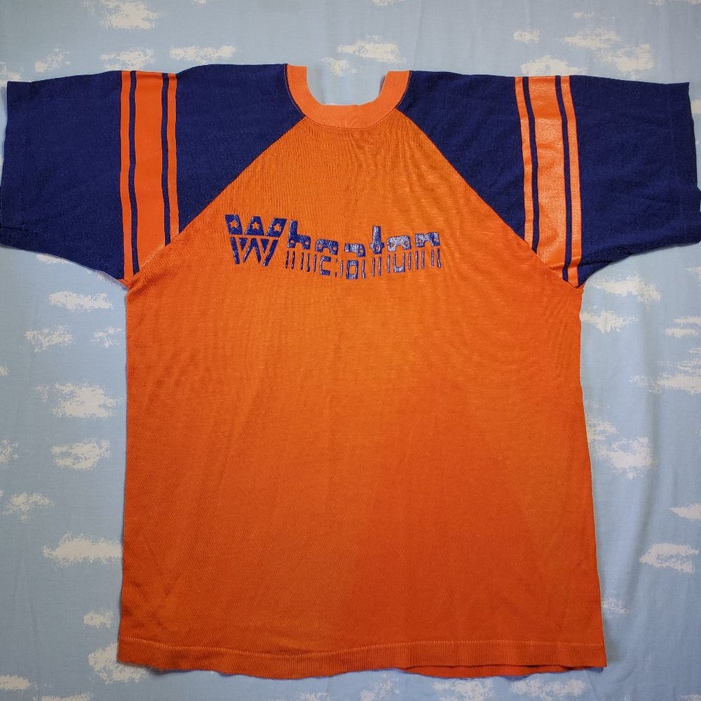 Vtg 80s CHAMPION Blue Bar Wheaton Shirt L USA